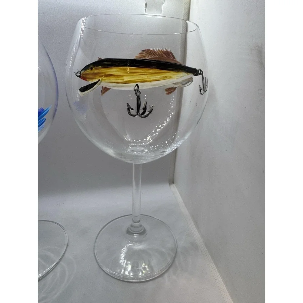 Hand Painted Set Loon Wine Glass Lake Bird Art Fishing Lure Balloon Wine Goblet